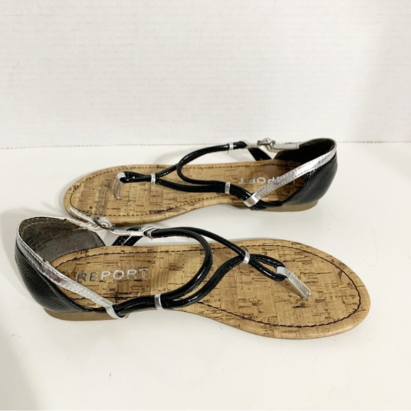 Report Cinda Faux Leather Faux Cork Thong Sandals Heel Back Adjust Ankle Straps - Picture 3 of 8